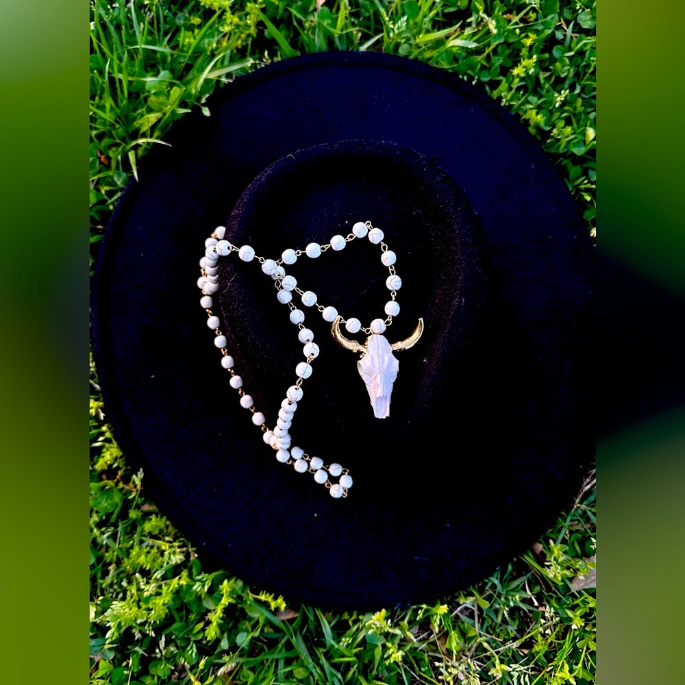 Long Cow Skull Necklace Beaded